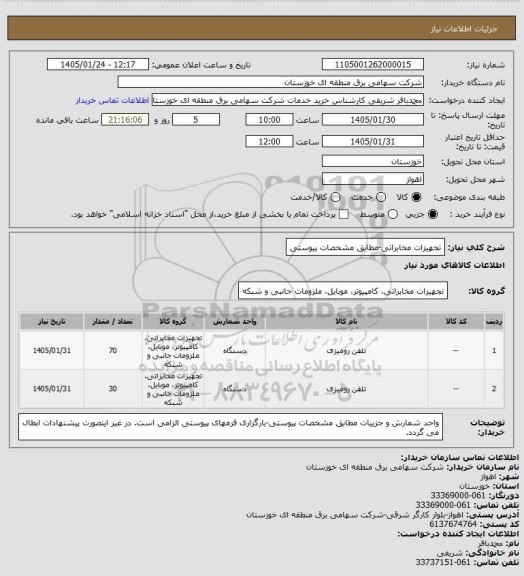 استعلام تجهیزات مخابراتی-مطابق مشخصات پیوستی