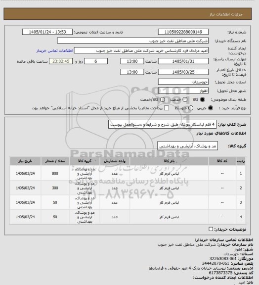 استعلام 4 قلم لباسکار دو تکه طبق شرح و شرایط و    دستوالعمل   پیوست