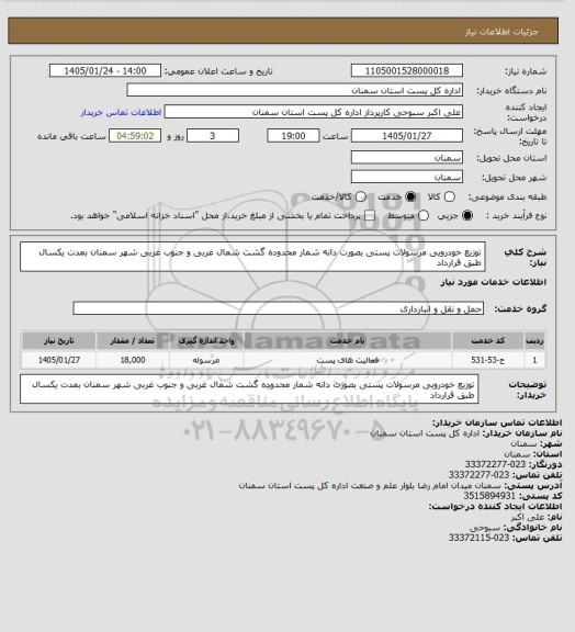 استعلام توزیع خودرویی  مرسولات پستی بصورت دانه شمار محدوده گشت شمال غربی و جنوب غربی شهر سمنان بمدت یکسال  طبق قرارداد