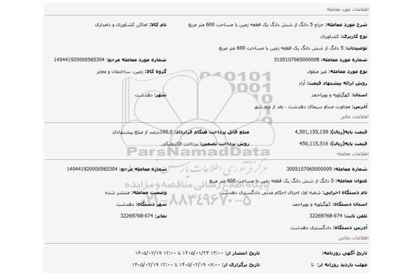 مزایده، 5 دانگ از شش دانگ یک قطعه زمین با مساحت 600 متر مربع