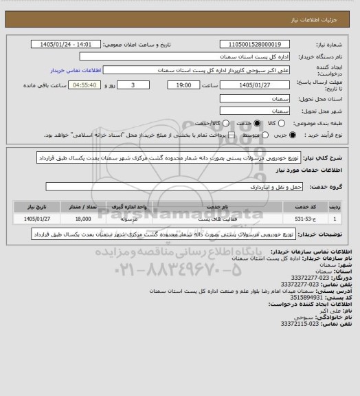 استعلام توزیع خودرویی  مرسولات پستی بصورت دانه شمار محدوده گشت مرکزی شهر سمنان بمدت یکسال  طبق قرارداد