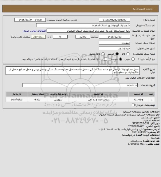 استعلام حمل مصالح تونان از محل دپو جاده سنگ شکن ، حمل ماسه داخل محدوده سنگ شکن و حمل بیس و حمل مصالح حاصل از خاکبرداری در سطح شهر