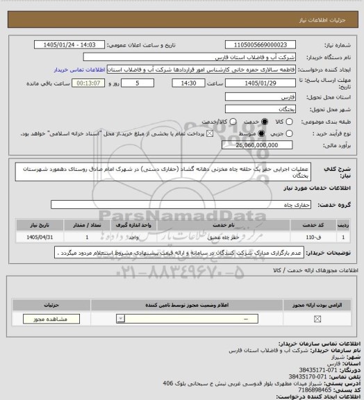 استعلام عملیات اجرایی حفر یک حلقه چاه مخزنی دهانه گشاد (حفاری دستی) در شهرک امام صادق روستای دهمورد شهرستان بختگان