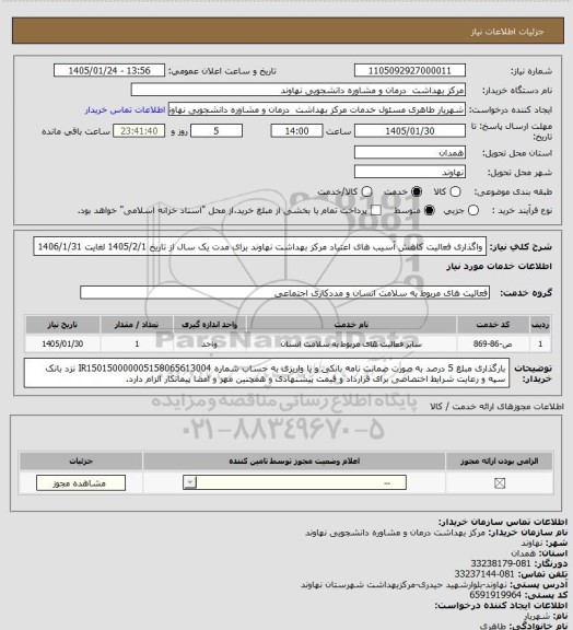 استعلام واگذاری فعالیت کاهش آسیب های اعتیاد مرکز بهداشت نهاوند برای مدت یک سال از تاریخ 1405/2/1 لغایت 1406/1/31