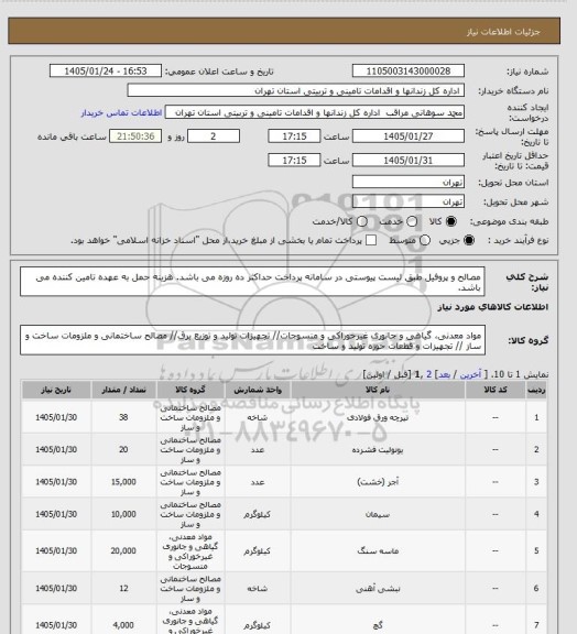 استعلام مصالح و پروفیل طبق لیست پیوستی در سامانه
پرداخت حداکثر ده روزه می باشد.
هزینه حمل به عهده تامین کننده می باشد.