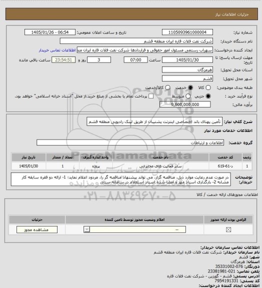 استعلام تأمین پهنای باند اختصاصی اینترنت پشتیبان از طریق لینک رادیویی منطقه قشم