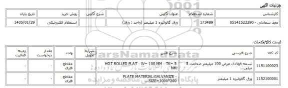 استعلام الکترونیکی، ورق گالوانیزه 1 میلیمتر (واحد : ورق)