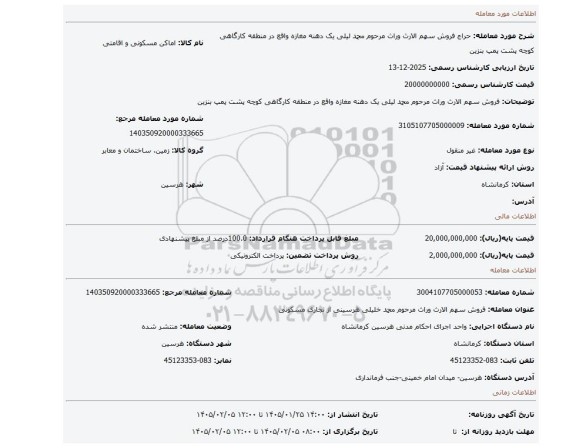 مزایده، فروش سهم الارث وراث مرحوم محمد لیلی یک دهنه مغازه واقع در منطقه کارگاهی کوچه پشت پمپ بنزین