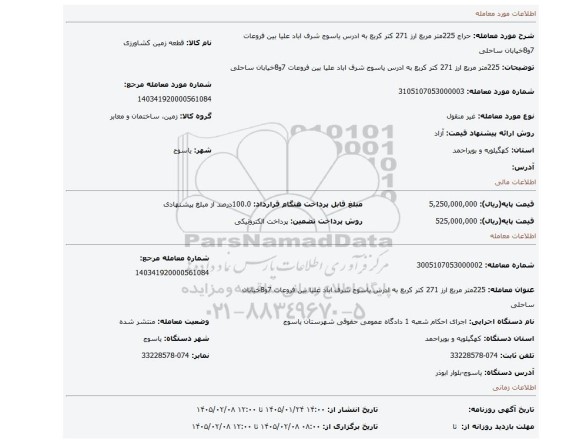 مزایده، 225متر مربع ارز 271 کتر کربع به ادرس یاسوج شرف اباد علیا بین فروعات 7و8خیابان ساحلی