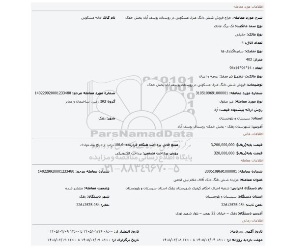 مزایده، فروش شش دانگ منزل مسکونی در روستای یوسف آباد بخش خمک
