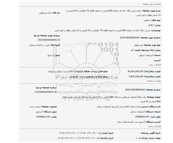 مزایده،  شش دانگ خانه به شماره 646 فرعی به عنوان قطعه 75 تفکیکی از 23 فرعی از 13 اصلی واقع در اصل الدین
