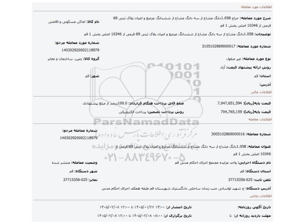 مزایده، 1.058دانگ مشاع از سه دانگ مشاع از ششدانگ عرصع و اعیان پلاک ثبتی 69 فرعی از 10346 اصلی بخش 1 قم