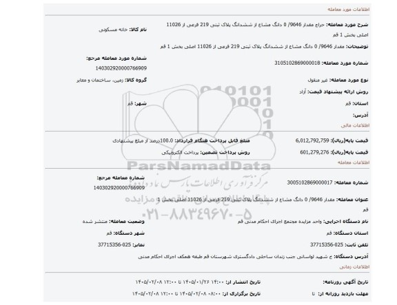 مزایده، مقدار 9646/ 0 دانگ مشاع از ششدانگ پلاک ثبتی 219 فرعی از 11026 اصلی بخش 1 قم