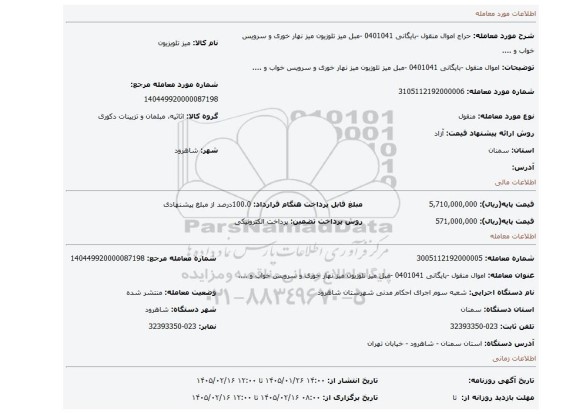 مزایده، اموال منقول -بایگانی 0401041 -مبل میز تلوزیون میز نهار خوری و سرویس خواب و ....