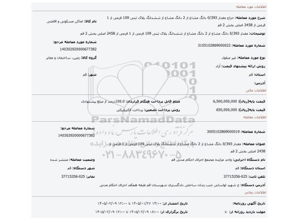 مزایده، مقدار 0/393 دانگ مشاع از 2 دانگ مشاع از ششدانگ پلاک ثبتی 109 فرعی از 1 فرعی از 2458 اصلی بخش 2 قم