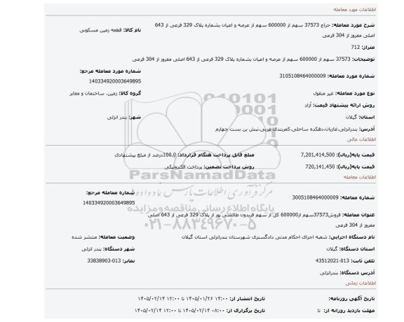 مزایده، 37573 سهم از 600000 سهم از عرصه و اعیان بشماره پلاک 329 فرعی از 643 اصلی مفروز از 304 فرعی