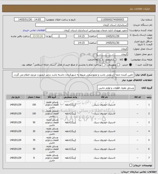 استعلام تامین کننده حتما بایدبومی باشد و مجوزصنفی مربوط به شهرکرمان داشته باشد درغیر اینصورت مردود اعلام می گردد.