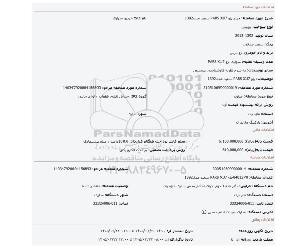 مزایده، پژو PARS XU7 سفید مدل1392