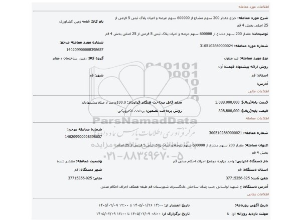 مزایده، مقدار 200 سهم مشاع از 600000 سهم عرصه و اعیان پلاک ثبتی 5 فرعی از 25 اصلی بخش 4 قم
