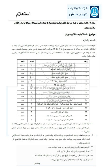 استعلام قیمت اقلام رستوران شامل...