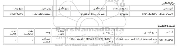استعلام الکترونیکی، شیر توپی رزوه ای فولادی