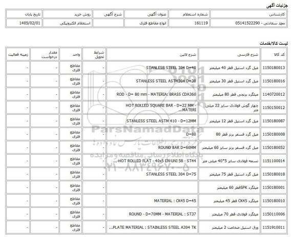 استعلام الکترونیکی، انواع مقاطع فلزی