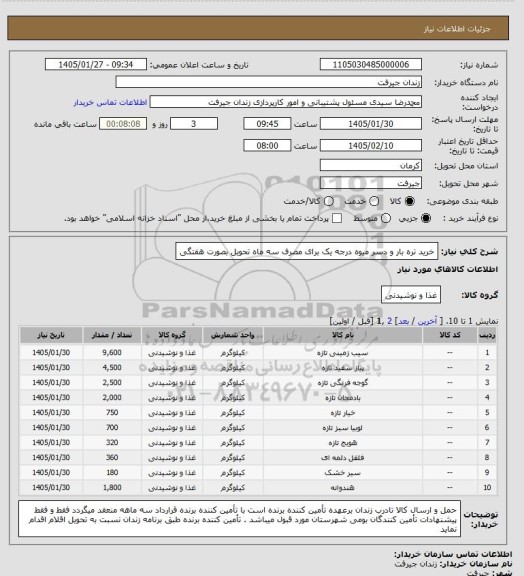 استعلام خرید تره بار و دسر میوه درجه یک برای مصرف سه ماه تحویل بصورت هفتگی
