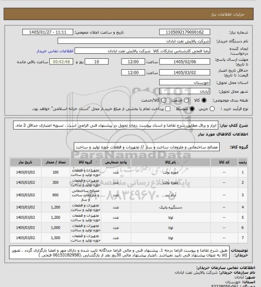 استعلام ابزار و یراق
مطابق شرح تقاضا  و اسناد پیوست .زمان تحویل در پیشنهاد فنی الزامی است . تسویه اعتباری حداقل 2 ماه.