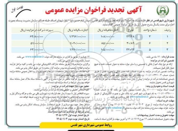 تجدید مزایده اجاره سه باب غرفه تجاری