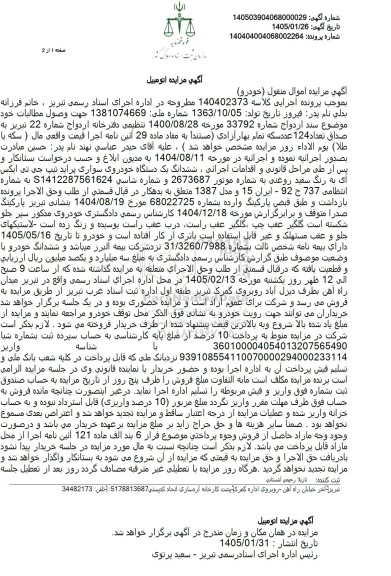مزایده ششدانگ یک دستگاه خودروی سواری پراید تیپ جی تی ایکس ای 