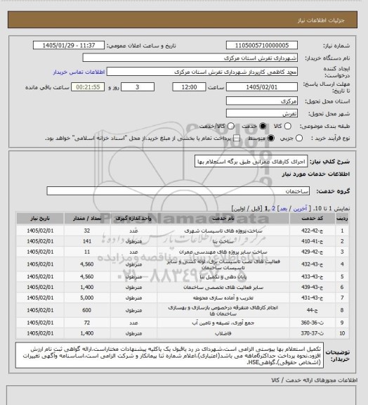 استعلام اجرای کارهای عمرانی طبق برگه استعلام بها