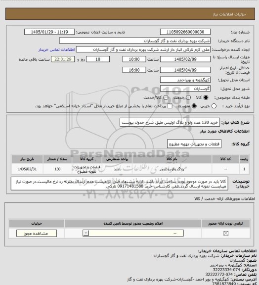 استعلام خرید 130 عدد ولو و پلاگ اوتیس طبق شرح جدول پیوست