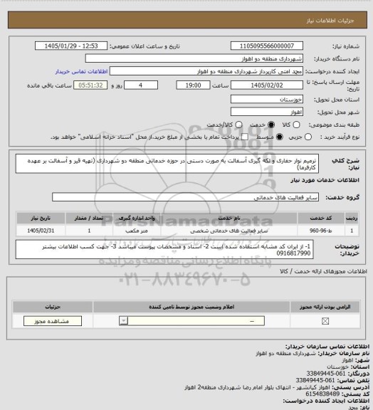 استعلام ترمیم نوار حفاری و لکه گیری آسفالت به صورت دستی در حوزه خدماتی منطقه دو شهرداری (تهیه قیر و آسفالت بر عهده کارفرما)