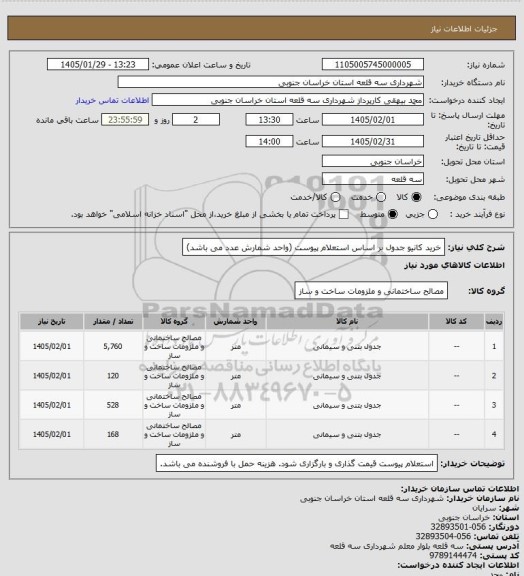 استعلام خرید کانیو جدول بر اساس استعلام پیوست (واحد شمارش عدد می باشد)