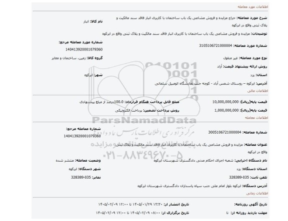 مزایده، مزایده و فروش مشاعی یک باب ساختمان با کاربری انبار فاقد سند مالکیت و پلاک ثبتی واقع در ابرکوه
