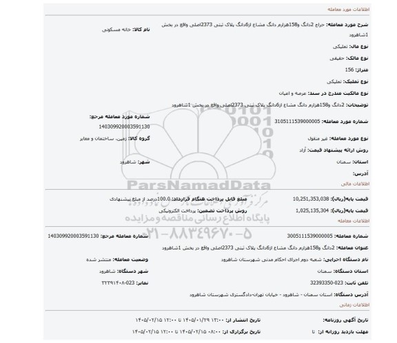 مزایده، 2دانگ و158هزارم دانگ مشاع از6دانگ پلاک ثبتی 2373اصلی واقع در بخش 1شاهرود