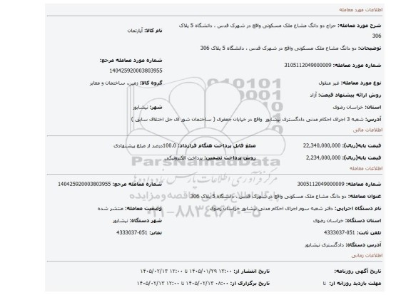 مزایده، دو دانگ مشاع ملک مسکونی واقع در شهرک قدس ، دانشگاه 5 پلاک 306