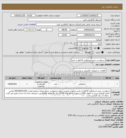 استعلام درخواست خرید استابلایزر 10کاوا را دارم