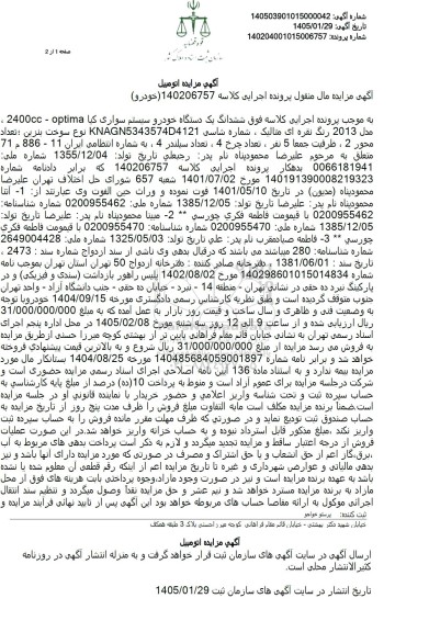 مزایده ششدانگ یک دستگاه خودرو سیستم سواری کیا 