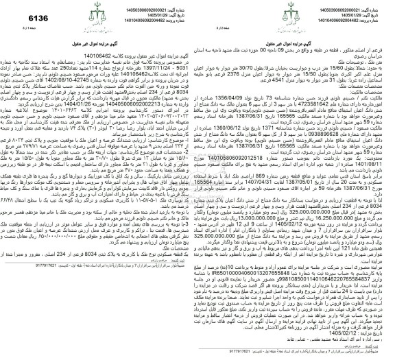 مزایده ششدانگم عرصه و اعیان ملک با موقعیت جنوبی و پلاک ثبتی 8034 فرعی از 234 اصلی 