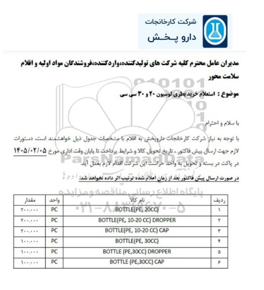 استعلام خرید بطری لوسیون 20 و 30 سی سی