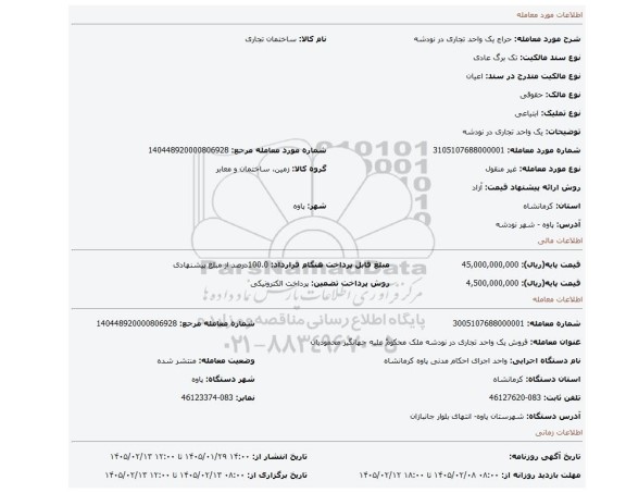 مزایده، یک واحد تجاری در نودشه