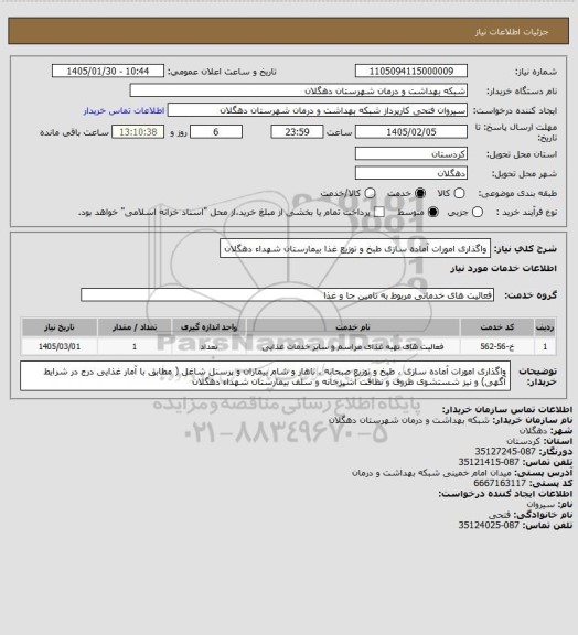استعلام واگذاری امورات آماده سازی  طبخ و توزیع غذا بیمارستان شهداء دهگلان