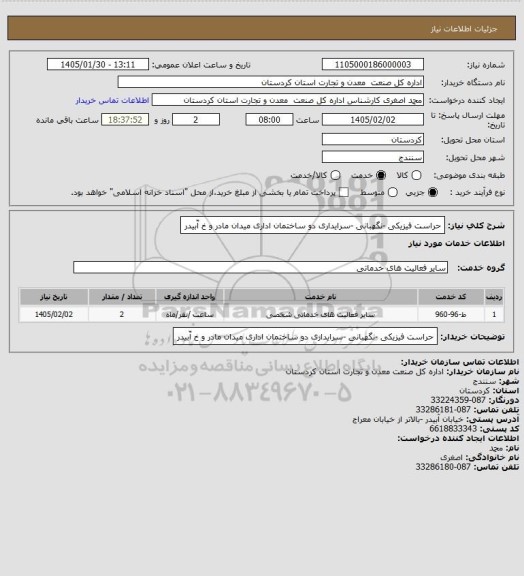 استعلام حراست فیزیکی -نگهبانی -سرایداری دو ساختمان اداری میدان مادر و خ آّبیدر