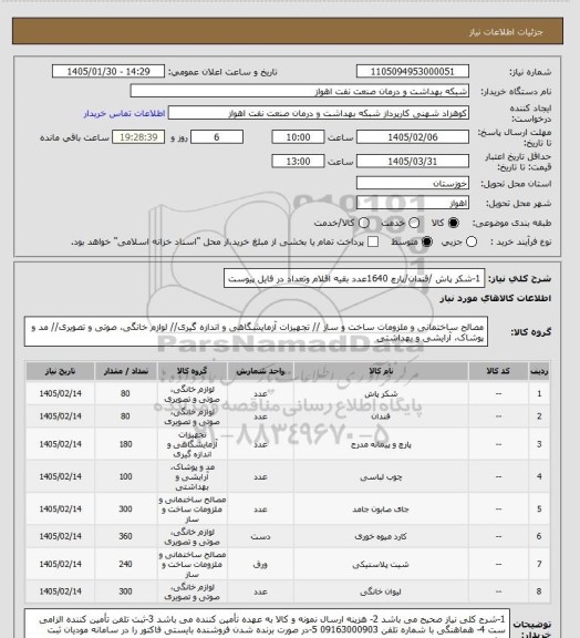 استعلام 1-شکر پاش /قندان/پارچ 1640عدد
بقیه اقلام وتعداد در فایل پیوست