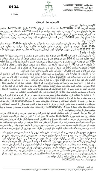 مزایده یک واحد آپارتمان مسکونی به مساحت 98.69 مترمربع