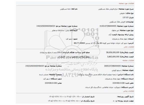 مزایده، فروش ملک مسکونی