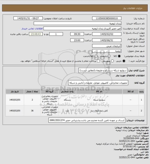 استعلام سوئیچ شبکه سیسکو و ملزومات(مطابق لیست)