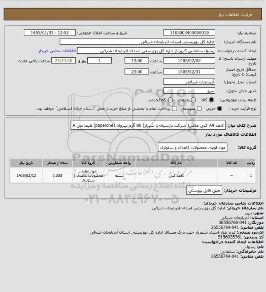 استعلام کاغذ A4 کپی مکس( شرکت پارسیان یا شیراز) 80 گرم
پیپروان (paperone)
هیما
دبل A
