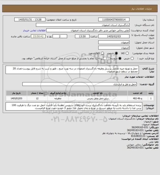 استعلام حمل و توزیع جیره غذایی پرسنل وظیقه دادگستری اصفهان در سه نوبت صبح ، ظهر و شب به شرح فایل پیوست-تعداد 20 مجتمع در سطح شهر اصفهان